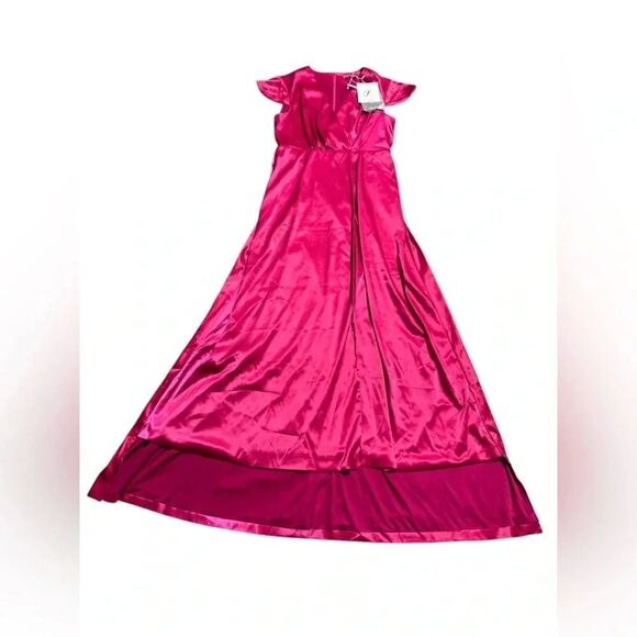 NWT FEHAUTE rose red pink Cap Sleeve v neck Satin A-Line Maxi wrap Dress sz 10 - Picture 4 of 13